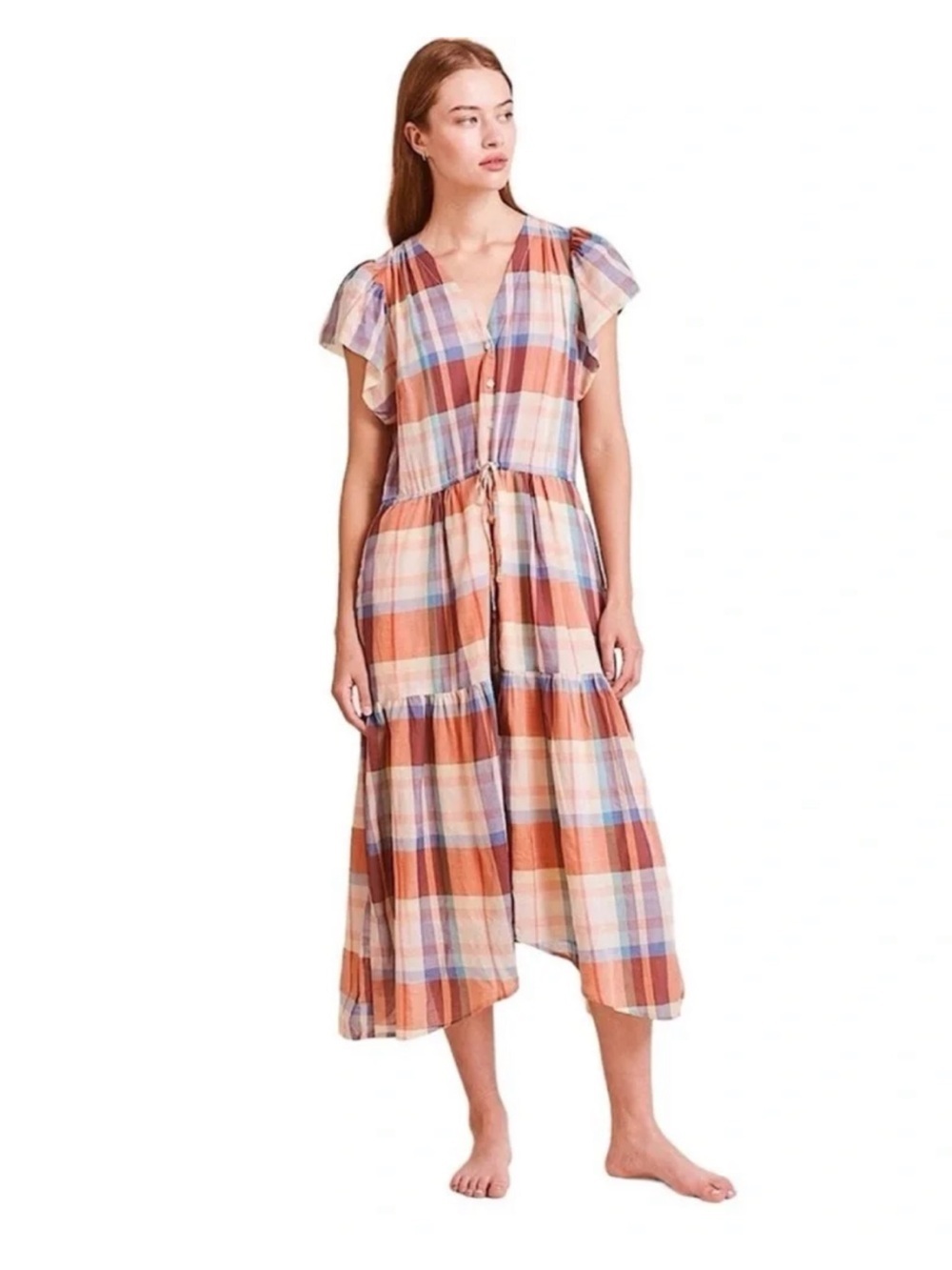 Trovata Birds of Paradis Kristi Dress Market Plaid Boho Flutter Sleeve Cottage - Picture 1 of 13